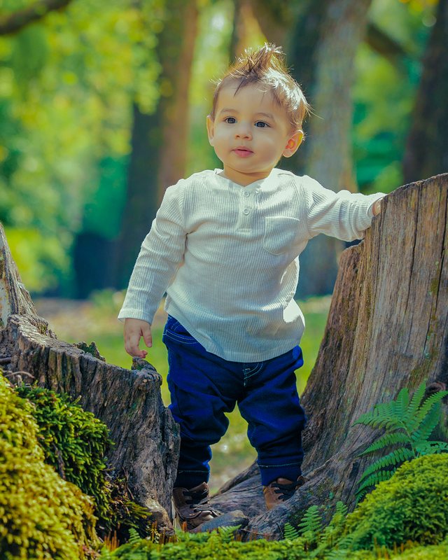 Young child standing beside a tree outdoors.