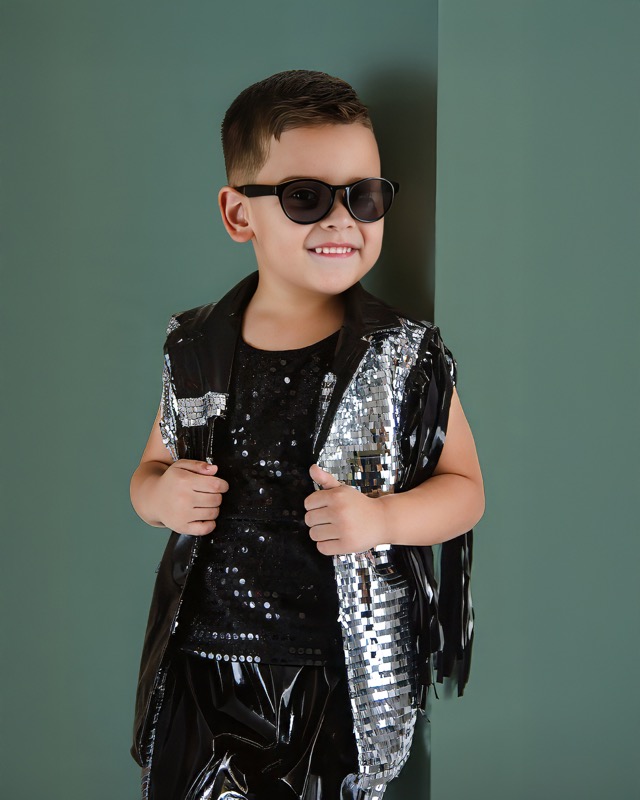 Smiling child wearing sunglasses and a sequined vest.